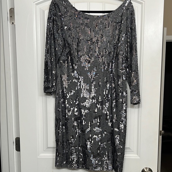 Silver Sequin Sheath Dress with Bateau Neckline - Picture 1 of 3